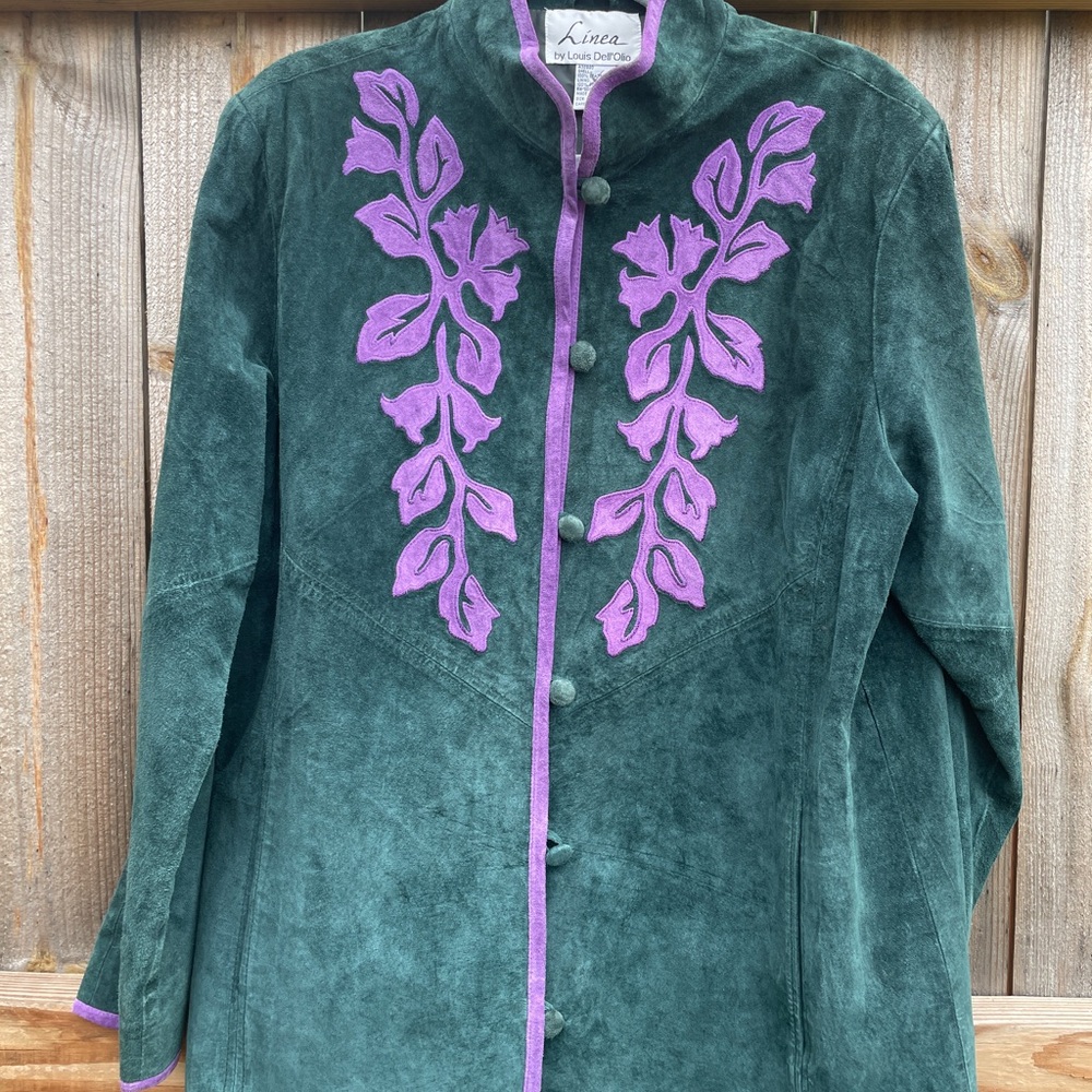 Linea by Louis Dell'Olio Green Suede Jacket with Purple Leaf Design